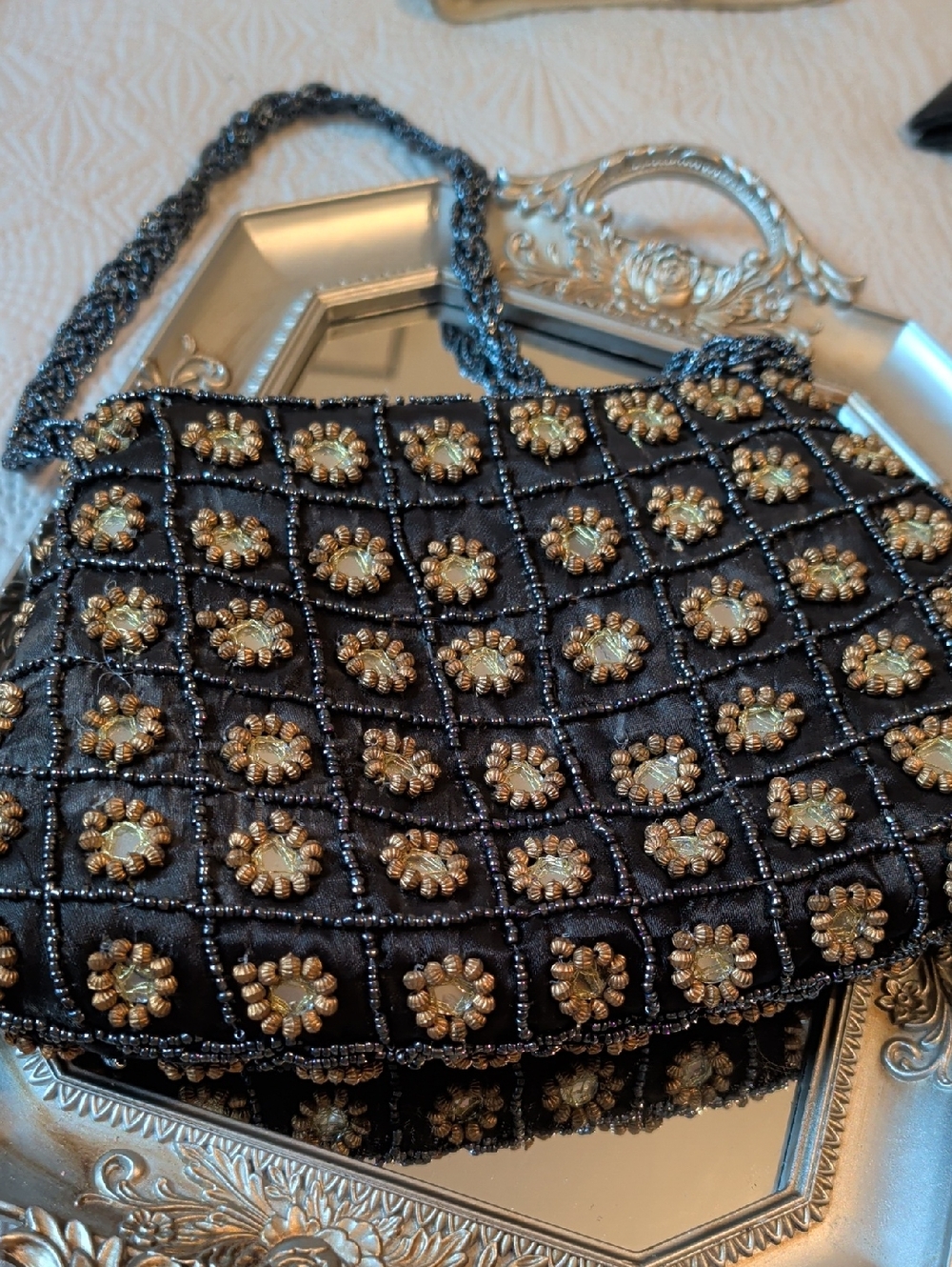 Beaded Black Evening Shoulder Bag with Gold Accents